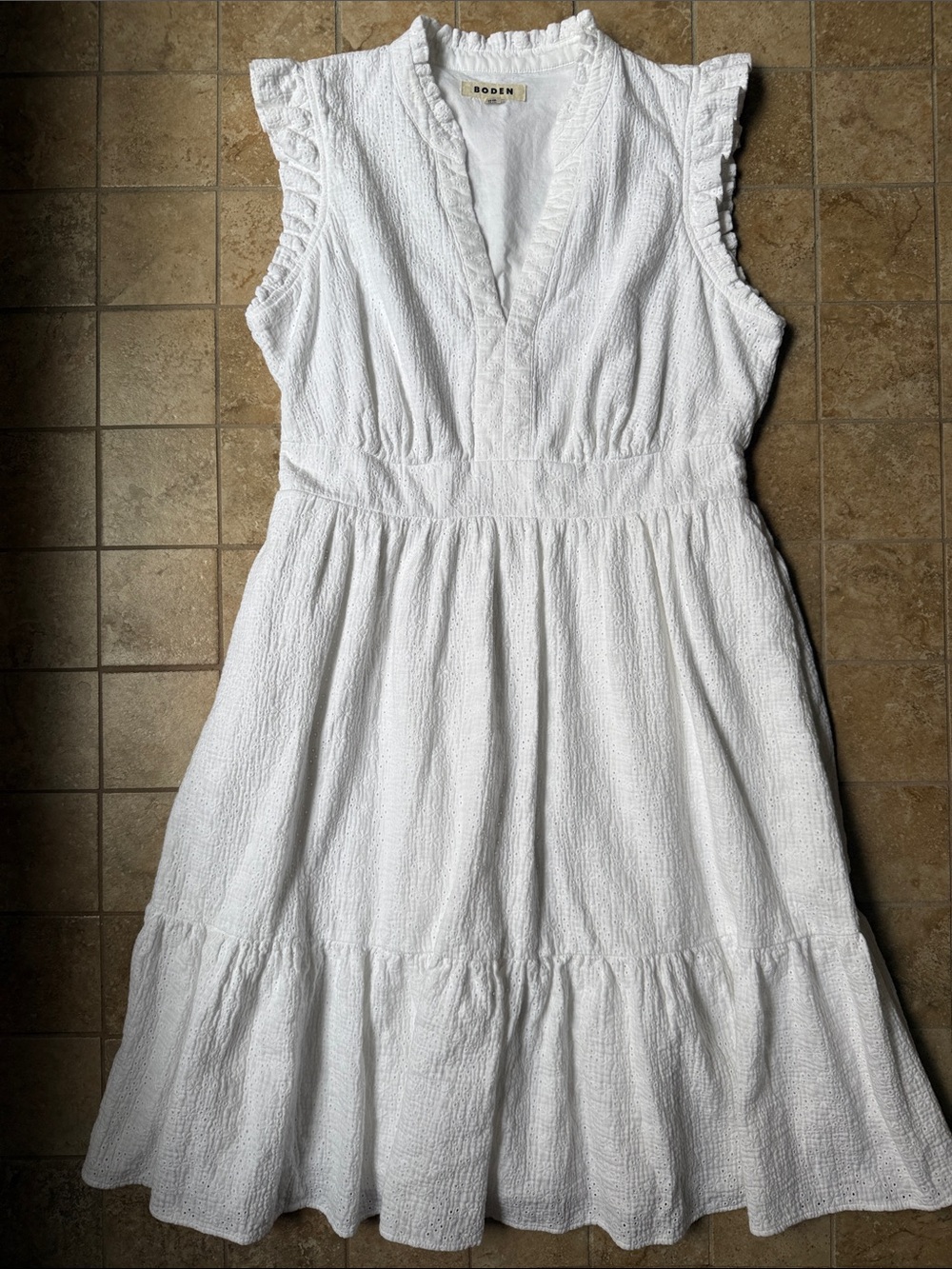 Boden Wren Double Cloth Eyelet Dress Pockets Flutter Sleeve Smocked Waist 12 L